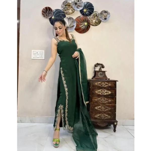 Women's Georgette Embroidery Sleeveless Round Neck Kurti, Palazzo And Dupatta Set (Green) - Image 3