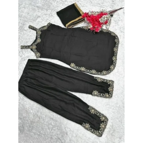 Women's Georgette Embroidery Sleeveless Round Neck Kurti, Palazzo And Dupatta Set (Black) - Image 3