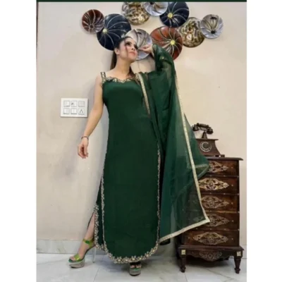 Women's Georgette Embroidery Sleeveless Round Neck Kurti, Palazzo And Dupatta Set (Green)