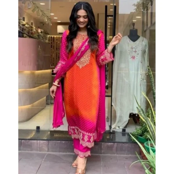 Women's Roman Silk Embroidery 3-4th Sleeve Round Neck Kurti, Palazzo And Dupatta Set (Orange-Pink) - Image 2