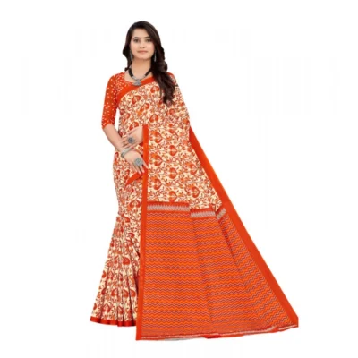 Women's Soft Pure Cotton Printed Saree With Unstitched Blouse 5.5Mtr (Orange)