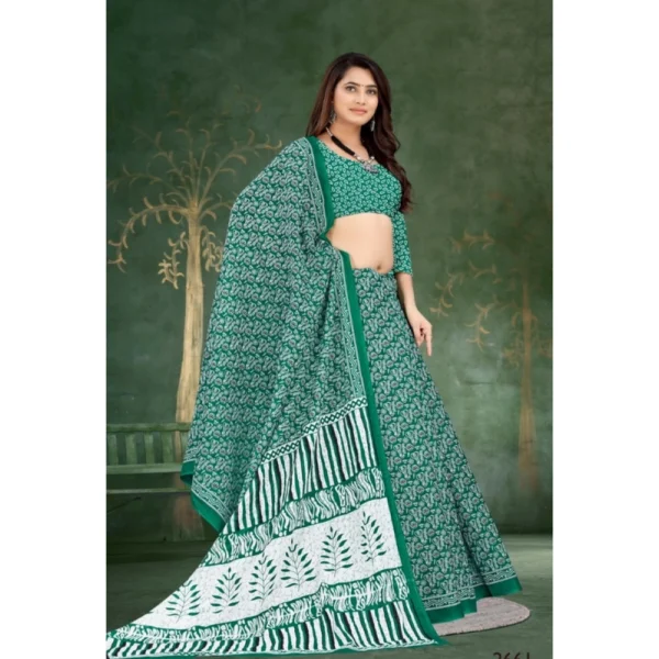 Women's Soft Pure Cotton Printed Saree With Unstitched Blouse 5.5Mtr (Green) - Image 3