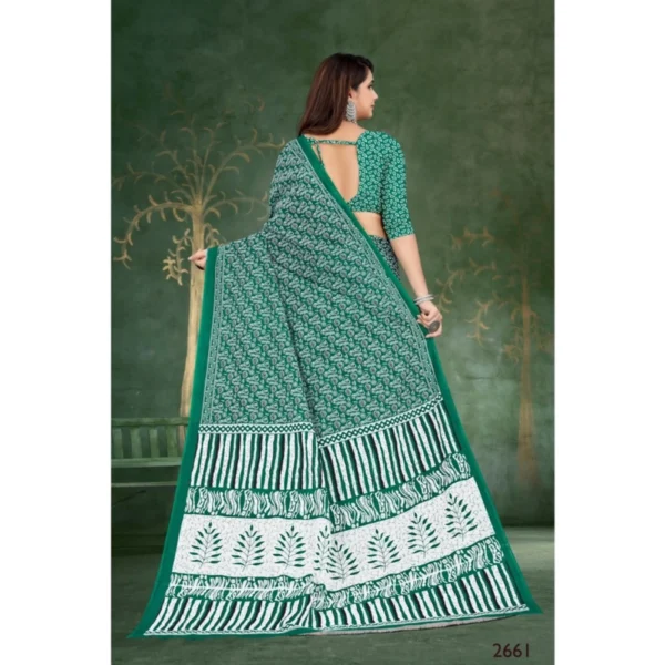 Women's Soft Pure Cotton Printed Saree With Unstitched Blouse 5.5Mtr (Green) - Image 2