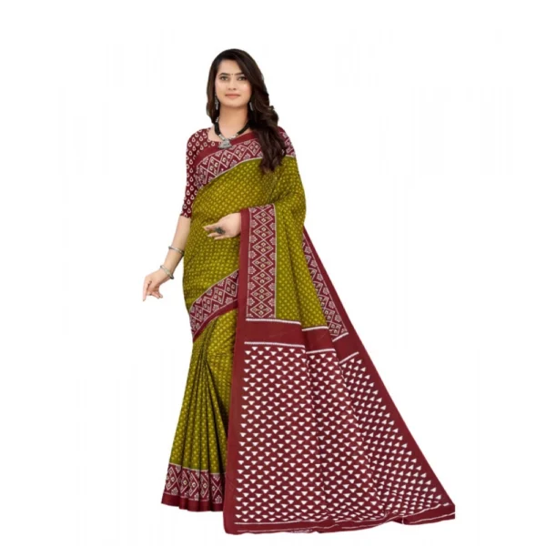 Women's Soft Pure Cotton Printed Saree With Unstitched Blouse 5.5Mtr (Mehendi green)