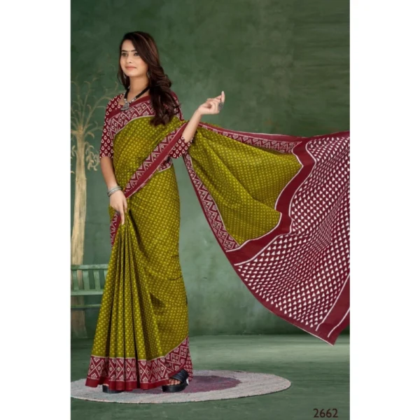 Women's Soft Pure Cotton Printed Saree With Unstitched Blouse 5.5Mtr (Mehendi green) - Image 3
