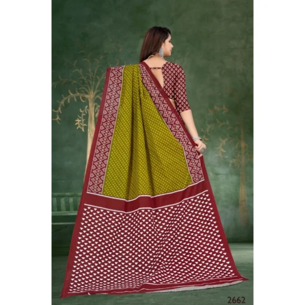 Women's Soft Pure Cotton Printed Saree With Unstitched Blouse 5.5Mtr (Mehendi green) - Image 2