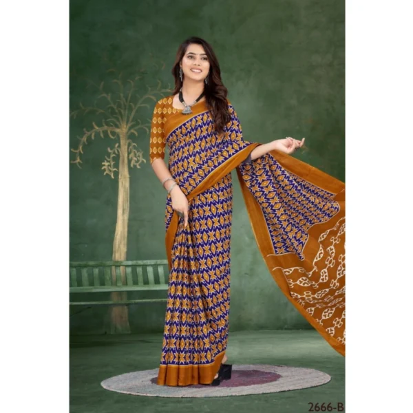 Women's Soft Pure Cotton Printed Saree With Unstitched Blouse 5.5Mtr (Blue) - Image 3
