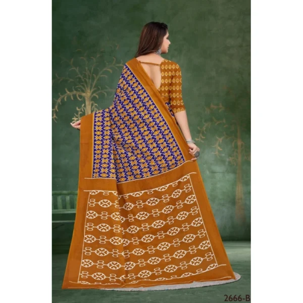 Women's Soft Pure Cotton Printed Saree With Unstitched Blouse 5.5Mtr (Blue) - Image 2