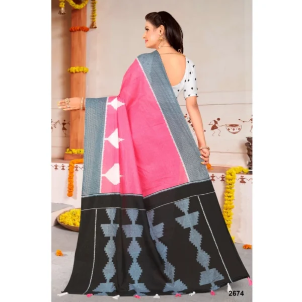 Women's Soft Pure Cotton Printed Saree With Unstitched Blouse 5.5Mtr (Pink) - Image 3