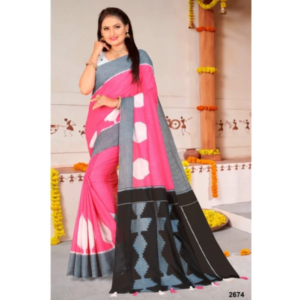 Women's Soft Pure Cotton Printed Saree With Unstitched Blouse 5.5Mtr (Pink) - Image 2