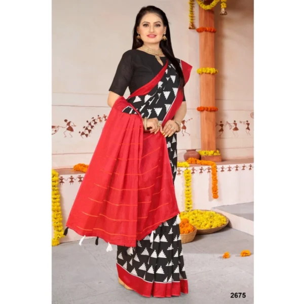 Women's Soft Pure Cotton Printed Saree With Unstitched Blouse 5.5Mtr (Black) - Image 3