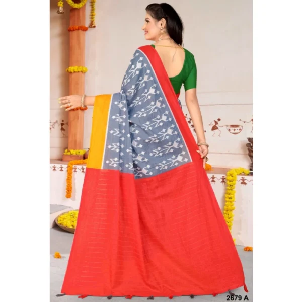 Women's Soft Pure Cotton Printed Saree With Unstitched Blouse 5.5Mtr (Grey) - Image 2