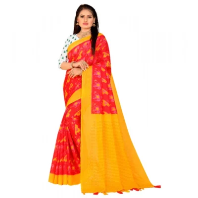 Women's Soft Pure Cotton Printed Saree With Unstitched Blouse 5.5Mtr (Red)