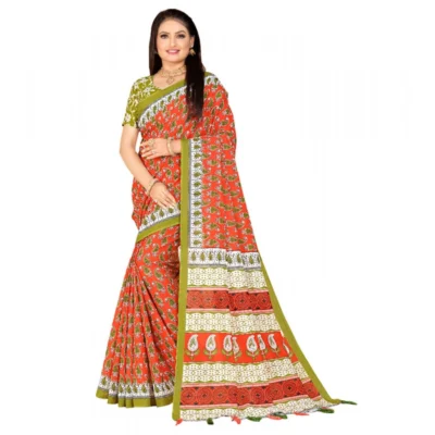 Women's Soft Pure Cotton Printed Saree With Unstitched Blouse 5.5Mtr (Multicolor)