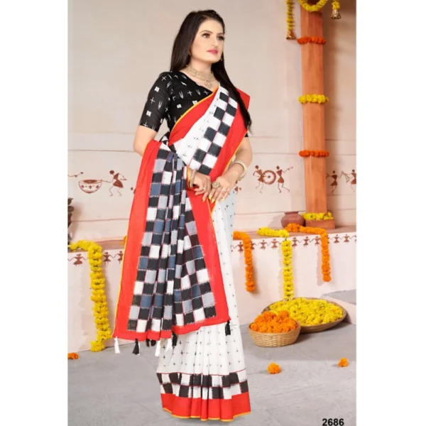 Women's Soft Pure Cotton Printed Saree With Unstitched Blouse 5.5Mtr (White) - Image 3