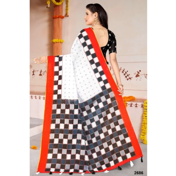 Women's Soft Pure Cotton Printed Saree With Unstitched Blouse 5.5Mtr (White) - Image 2