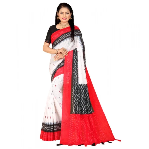 Women's Soft Pure Cotton Printed Saree With Unstitched Blouse 5.5Mtr (White)