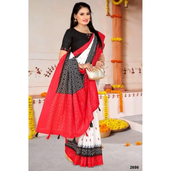 Women's Soft Pure Cotton Printed Saree With Unstitched Blouse 5.5Mtr (White) - Image 3