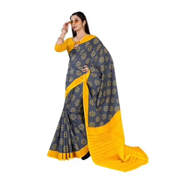 Women's Soft Pure Cotton Printed Saree With Unstitched Blouse 5.5Mtr (Grey) - Image 2