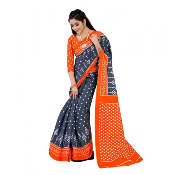 Women's Soft Pure Cotton Printed Saree With Unstitched Blouse 5.5Mtr (Grey) - Image 2