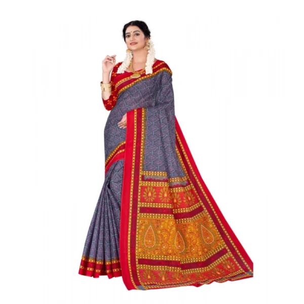 Women's Soft Pure Cotton Printed Saree With Unstitched Blouse 5.5Mtr (Grey) - Image 3