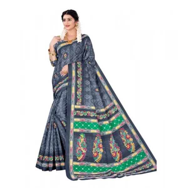 Women's Soft Pure Cotton Printed Saree With Unstitched Blouse 5.5Mtr (Grey) - Image 2