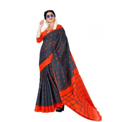 Women's Soft Pure Cotton Printed Saree With Unstitched Blouse 5.5Mtr (Grey)