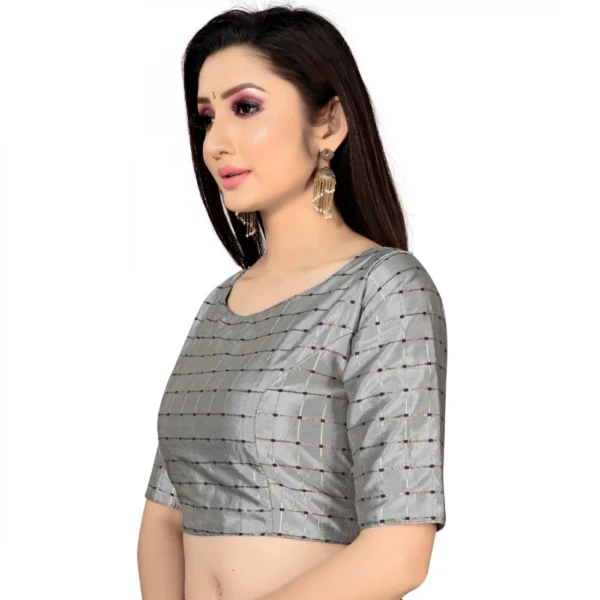 Women's Brocade, Inner-Cotton Full Stitched Padded Blouse (Light Gray ) - Image 4