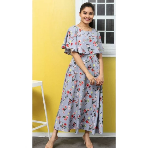 Women's Crepe Floral Half Sleeves Full Length Gown(Light Grey) - Image 6