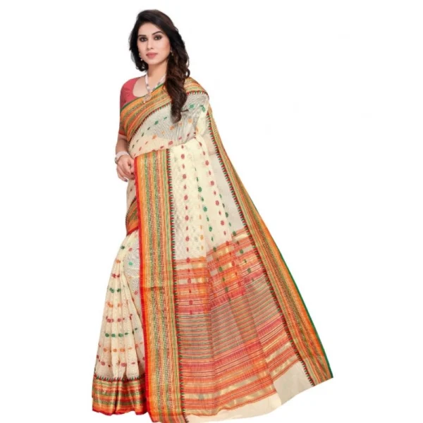Women's Kota Doria Cotton Woven Butta Saree With Blouse (Cream, 5-6 Mtrs) - Image 2
