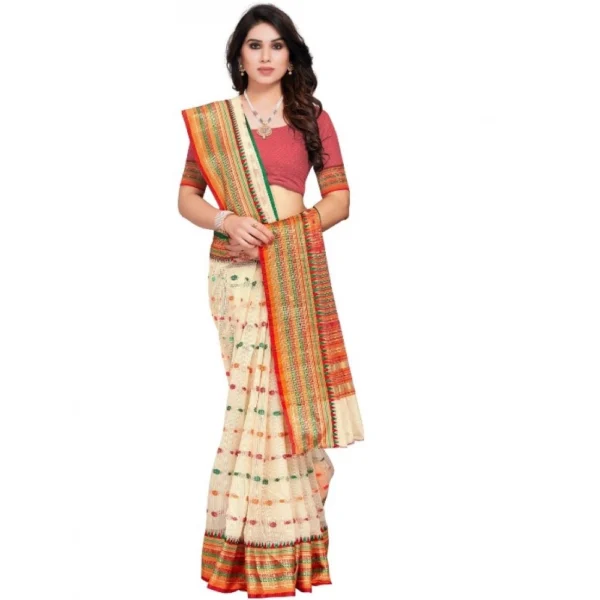 Women's Kota Doria Cotton Woven Butta Saree With Blouse (Cream, 5-6 Mtrs) - Image 4