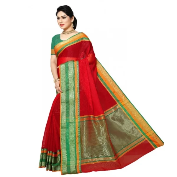 Women's Kota Doria Cotton Border Saree With Blouse (Red, 5-6 Mtrs) - Image 2