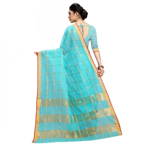 Women's Kota Doria Cotton Checked Saree With Blouse (Sky Blue, 5-6 Mtrs) - Image 2