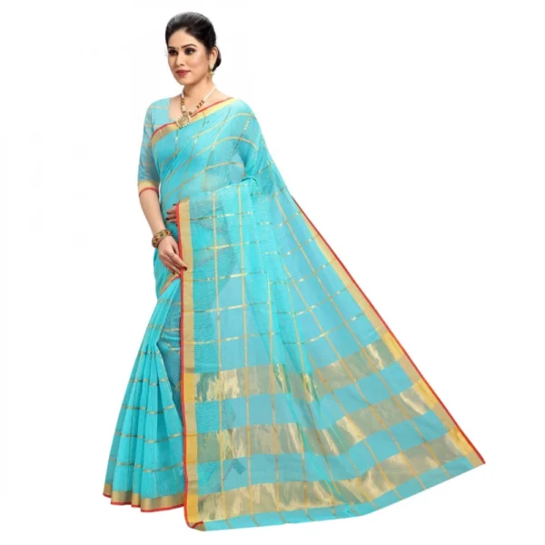Women's Kota Doria Cotton Checked Saree With Blouse (Sky Blue, 5-6 Mtrs) - Image 4