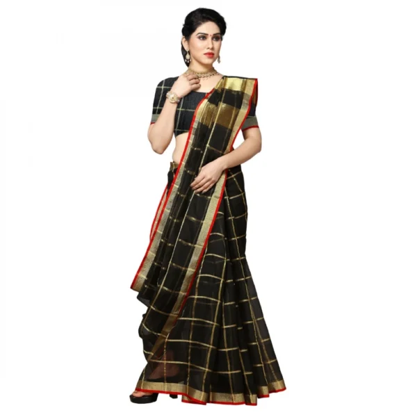 Women's Kota Doria Cotton Checked Saree With Blouse (Black, 5-6 Mtrs) - Image 3