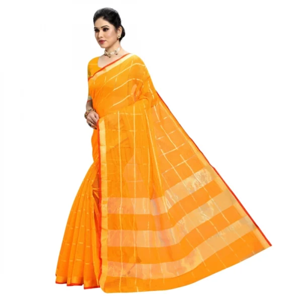 Women's Kota Doria Cotton Checked Saree With Blouse (Yellow, 5-6 Mtrs) - Image 4
