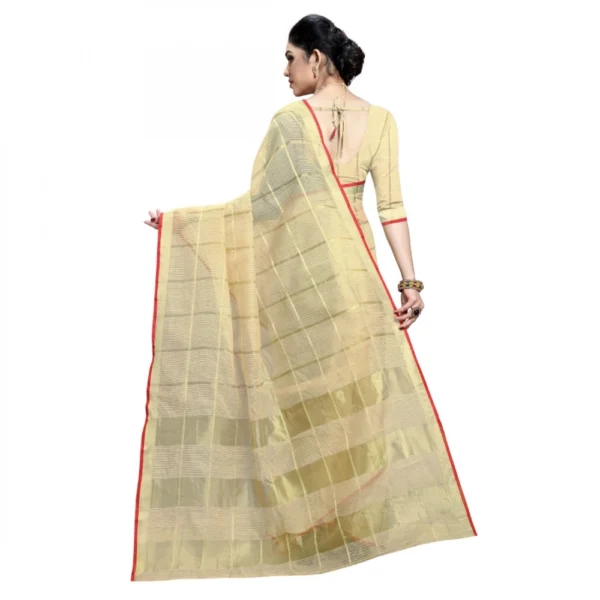 Women's Kota Doria Cotton Checked Saree With Blouse (Beige, 5-6 Mtrs) - Image 2
