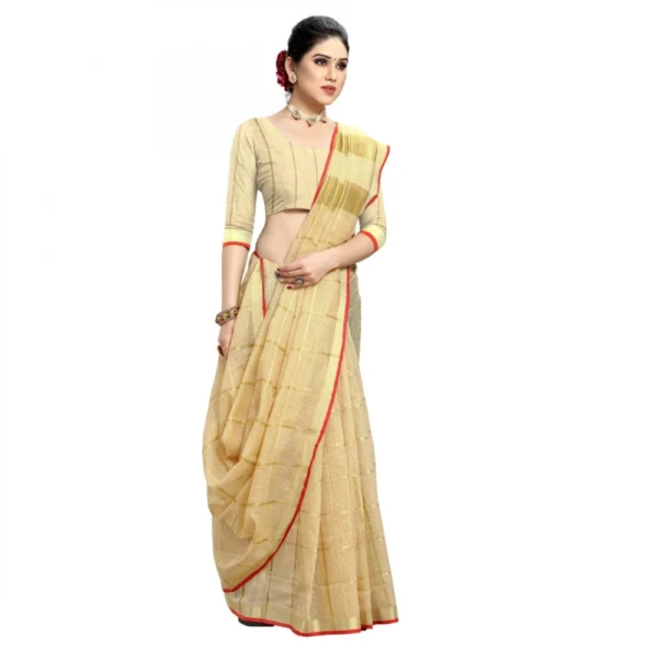 Women's Kota Doria Cotton Checked Saree With Blouse (Beige, 5-6 Mtrs) - Image 3