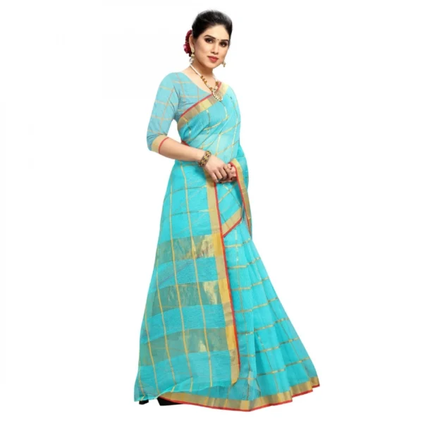 Women's Kota Doria Cotton Checked Saree With Blouse (Sky Blue, 5-6 Mtrs) - Image 5