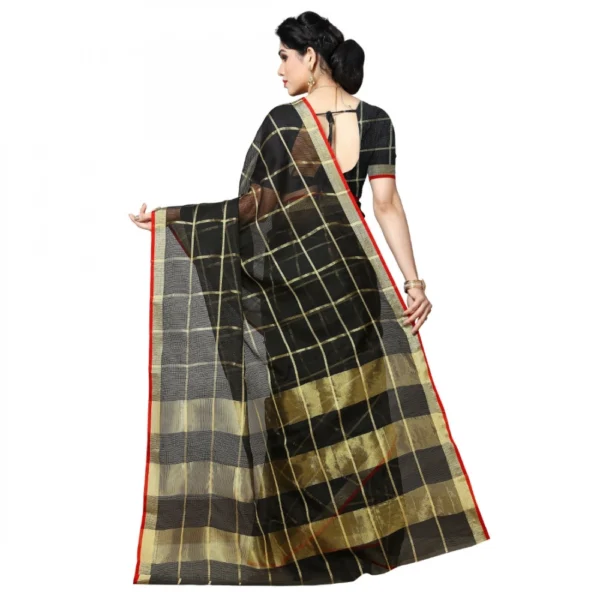 Women's Kota Doria Cotton Checked Saree With Blouse (Black, 5-6 Mtrs) - Image 2