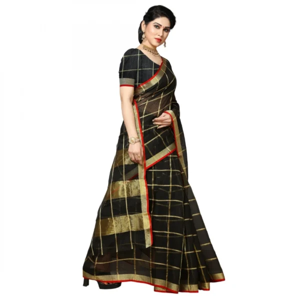 Women's Kota Doria Cotton Checked Saree With Blouse (Black, 5-6 Mtrs) - Image 4