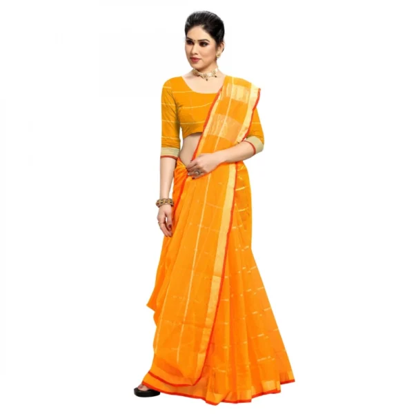 Women's Kota Doria Cotton Checked Saree With Blouse (Yellow, 5-6 Mtrs) - Image 3