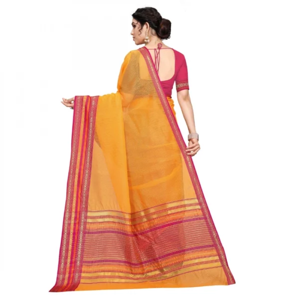 Women's Kota Doria Cotton Bordered Saree With Blouse (Gold, 5-6 Mtrs) - Image 2