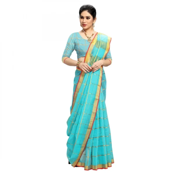 Women's Kota Doria Cotton Checked Saree With Blouse (Sky Blue, 5-6 Mtrs) - Image 3