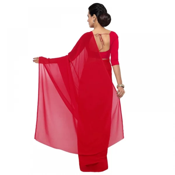 Women's Georgette Plain Saree With Blouse (Red, 5-6 Mtrs) - Image 3