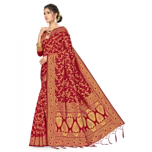 Women's Banarasi Silk Saree With Blouse (Maroon, 5-6Mtrs) - Image 3