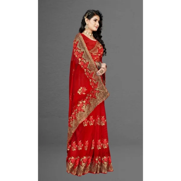 Women's Net Saree With Blouse (Red, 5-6Mtrs) - Image 3