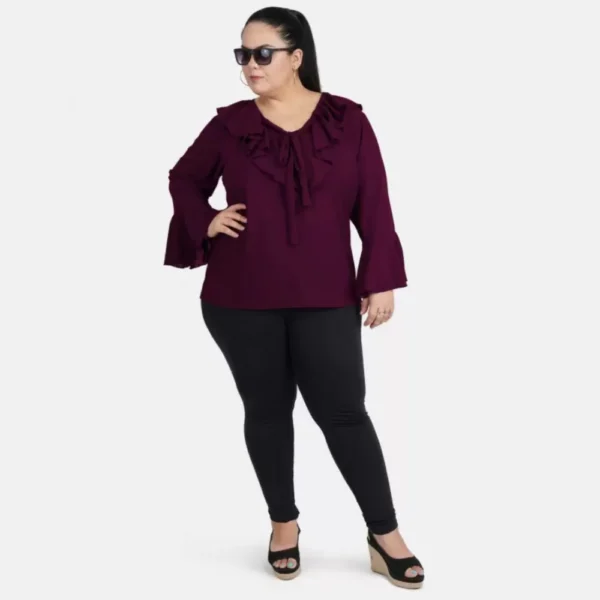 Women's Casual Bell Sleeve Solid Purple Top (Color:Purple, Material:Georgette) - Image 2