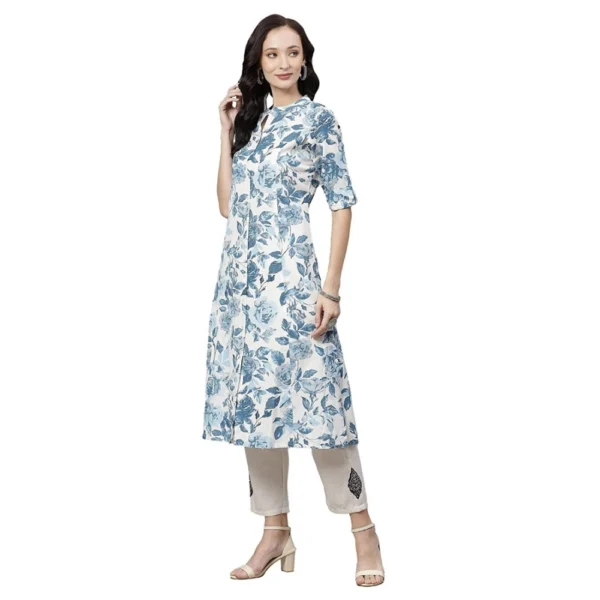 Women's Cotton Printed Floral Print Kurti (White, Blue, Cotton) - Image 5