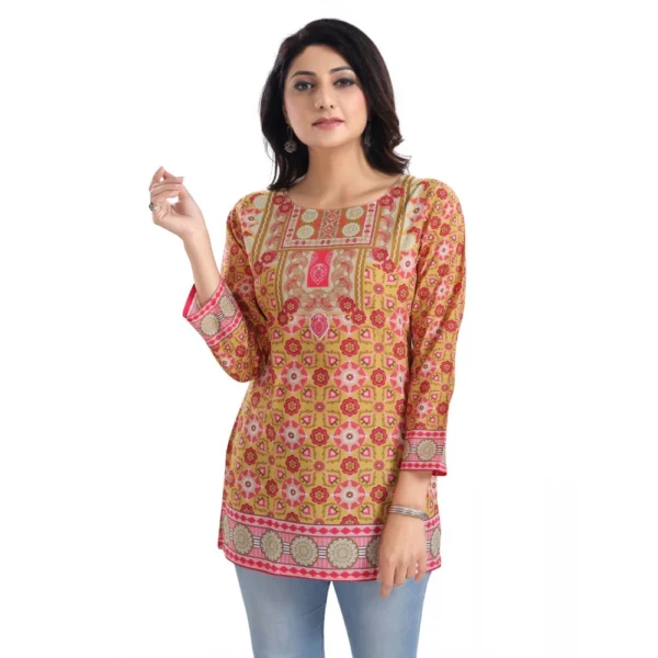 Women's 3/4th Sleeve Faux Crepe Tunic Short Top (Multicolor) - Image 3